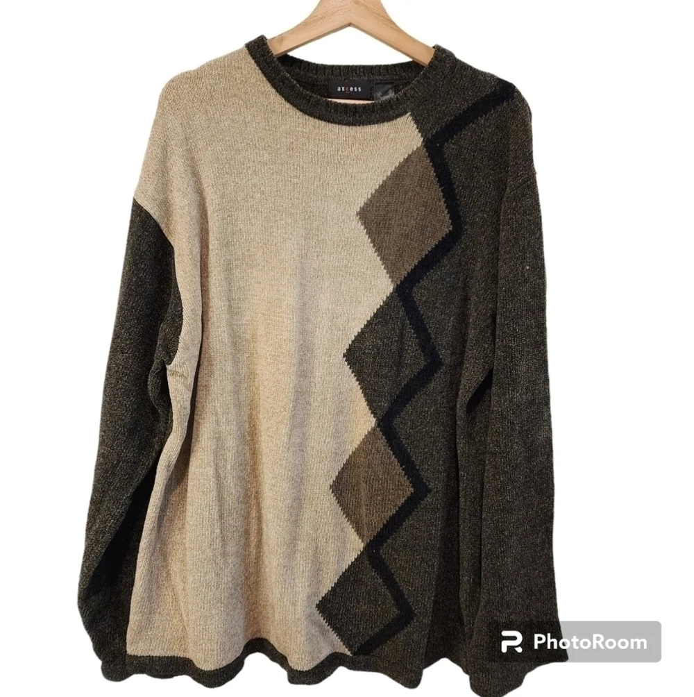 Vintage Axcess Men Crew Tan Brown Sweater Sz L Pullover Y2k Coogi Cosby Style